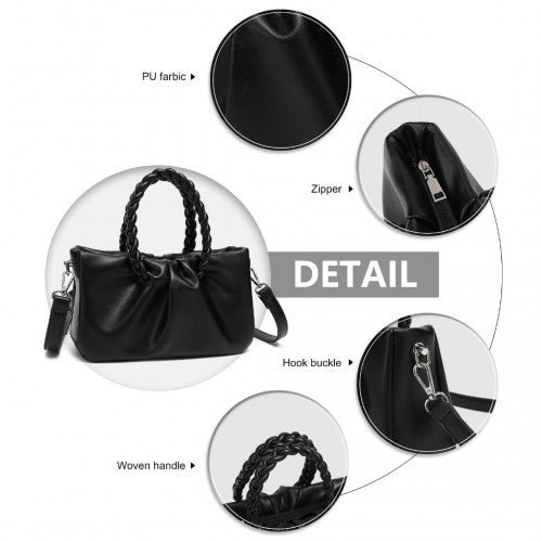 Miss Lulu Elegant PU Leather Braided Handle Cross Body Bag - Black