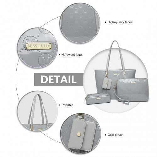 Miss Lulu 4 Pieces Glossy Leather Tote Bag Set - Grey