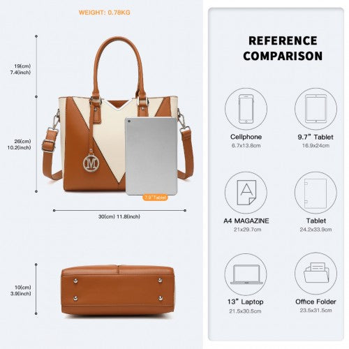 Miss Lulu Leather Look V - Shape Shoulder Handbag - Brown And Beige