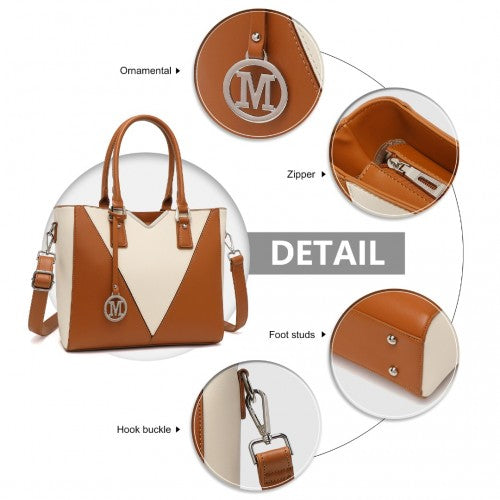 Miss Lulu Leather Look V - Shape Shoulder Handbag - Brown And Beige