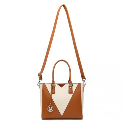 Miss Lulu Leather Look V - Shape Shoulder Handbag - Brown And Beige