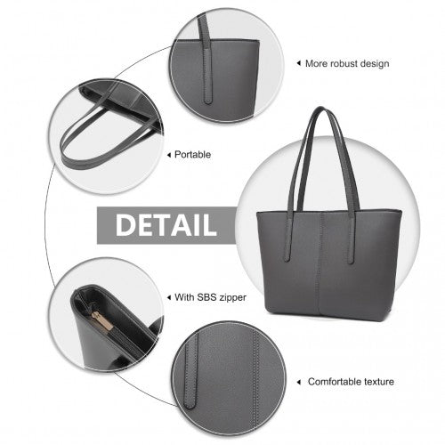 Miss Lulu Leather Look Simple Casual Tote Bag - Grey