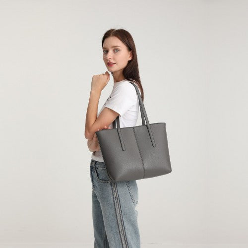 Miss Lulu Leather Look Simple Casual Tote Bag - Grey