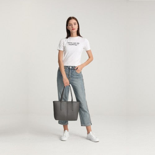 Miss Lulu Leather Look Simple Casual Tote Bag - Grey