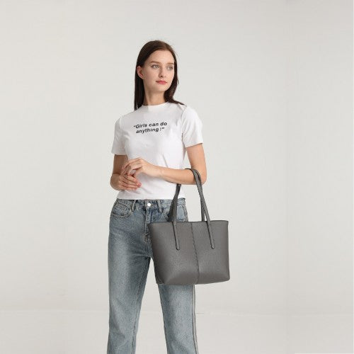Miss Lulu Leather Look Simple Casual Tote Bag - Grey