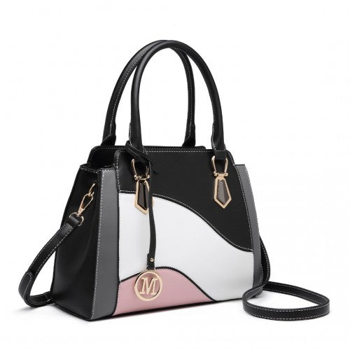 Miss Lulu Pretty Colour Combination Leather Handbag Tote Bag - Black
