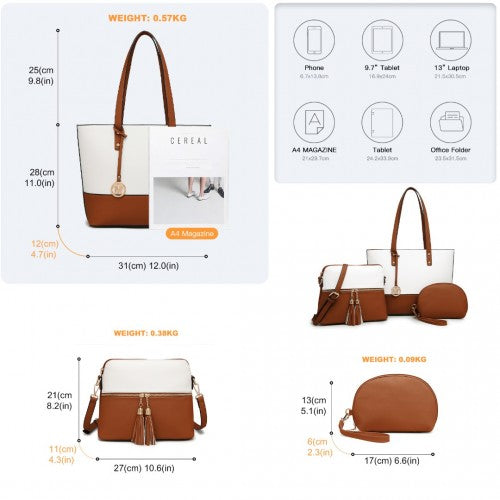 Miss Lulu Elegant 3 - Piece Leather Look Tote Bag Set - Versatile & Chic for Every Occasion - Beige And Brown