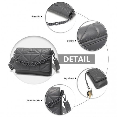 Miss Lulu Chic Quilted Shoulder Bag With Chain Strap - Grey