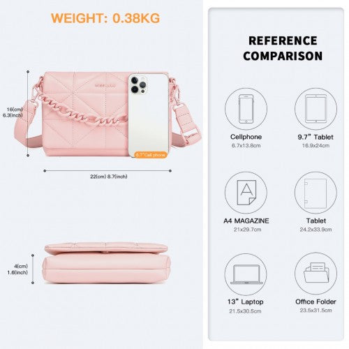 Miss Lulu Chic Quilted Shoulder Bag With Chain Strap - Pink