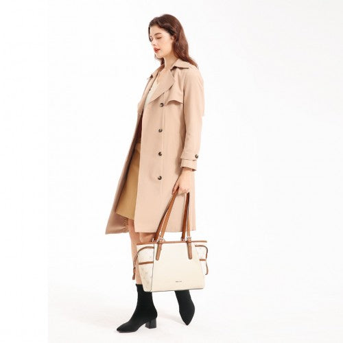 Miss Lulu Elegant Tote Bag With Monogram Pattern - Beige And Brown