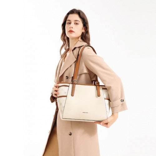 Miss Lulu Elegant Tote Bag With Monogram Pattern - Beige And Brown