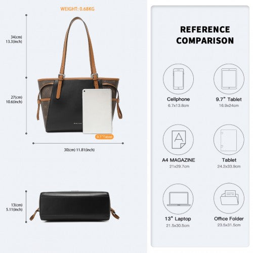 Miss Lulu Elegant Tote Bag With Monogram Pattern - Black And Brown