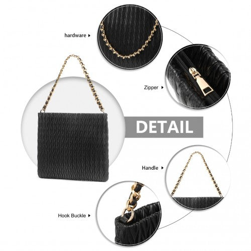 Miss Lulu Sophisticated Embossed PU Leather Commuter Shoulder Bag With Chain Strap - Black