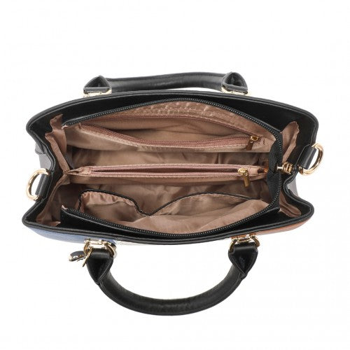 Miss Lulu Leather Look Colour Block Bow Pendant Handbag - Blue And Brown