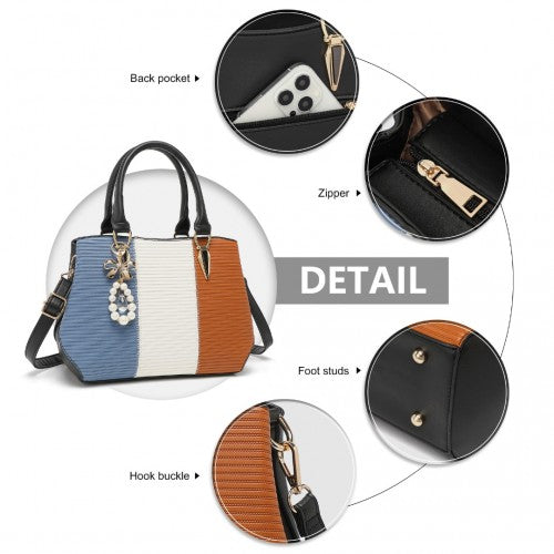 Miss Lulu Leather Look Colour Block Bow Pendant Handbag - Blue And Brown