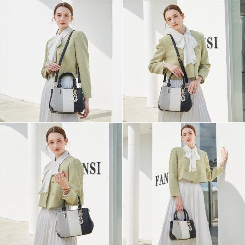 Miss Lulu Leather Look Colour Block Bow Pendant Handbag - Black