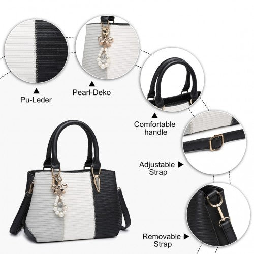 Miss Lulu Leather Look Colour Block Bow Pendant Handbag - Black