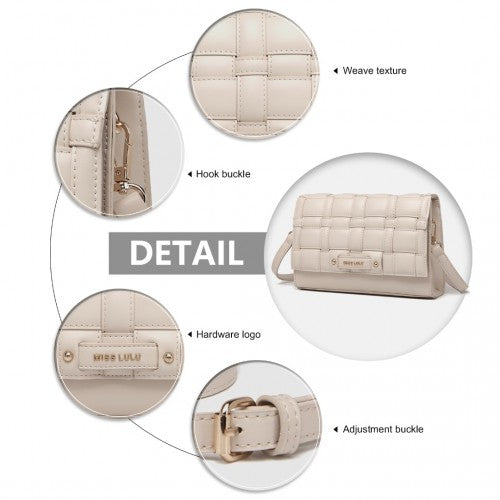 Miss Lulu Woven Texture Flap Leather Shoulder Bag - Beige