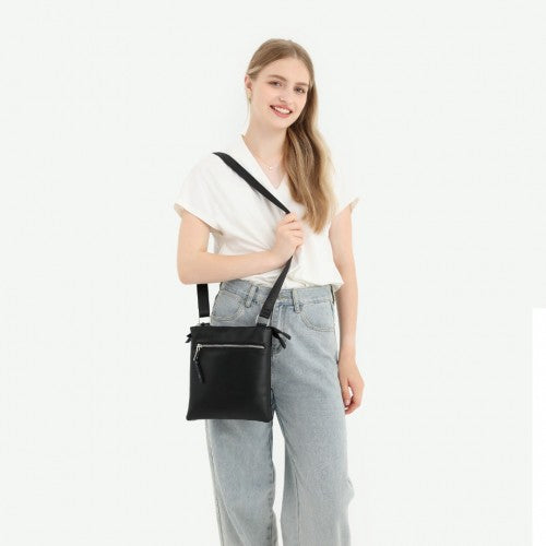 Miss Lulu Double Compartment Lightweight Leather Crossbody bag - Black