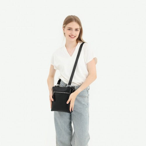 Miss Lulu Double Compartment Lightweight Leather Crossbody bag - Black