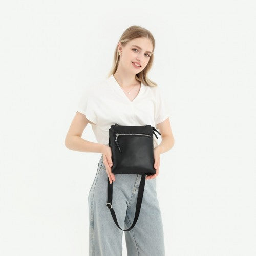 Miss Lulu Double Compartment Lightweight Leather Crossbody bag - Black