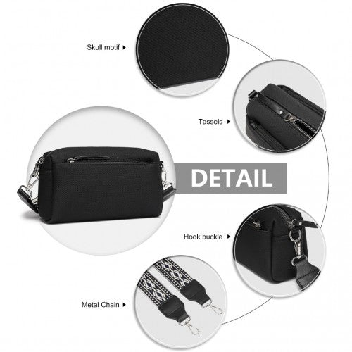 Miss Lulu Ethnic Jacquard Strap Water - Resistant Crossbody Bag - Black