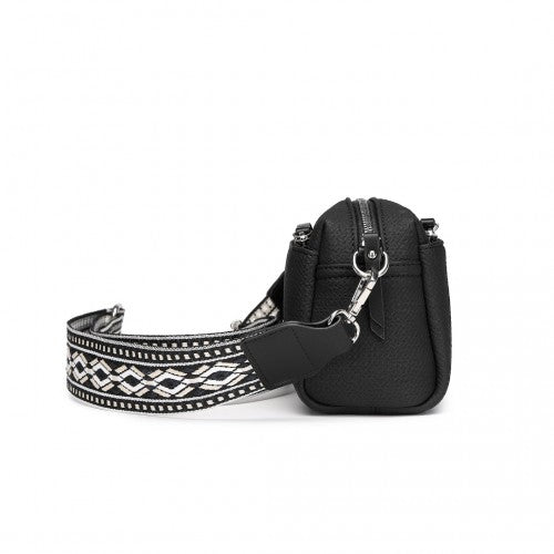Miss Lulu Ethnic Jacquard Strap Water - Resistant Crossbody Bag - Black