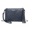 Miss Lulu Soft PU Ultra - Lightweight Clutch Bag with Skull Embossing Tassel Detail and Long Chain Shoulder Strap - Navy