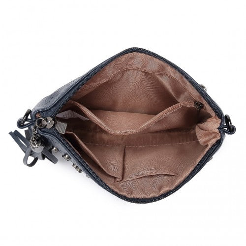 Miss Lulu Soft PU Ultra - Lightweight Clutch Bag with Skull Embossing Tassel Detail and Long Chain Shoulder Strap - Navy