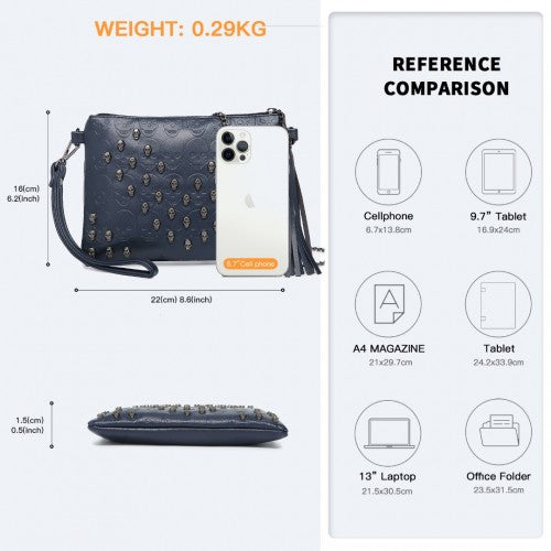 Miss Lulu Soft PU Ultra - Lightweight Clutch Bag with Skull Embossing Tassel Detail and Long Chain Shoulder Strap - Navy