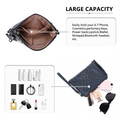 Miss Lulu Soft PU Ultra - Lightweight Clutch Bag with Skull Embossing Tassel Detail and Long Chain Shoulder Strap - Navy