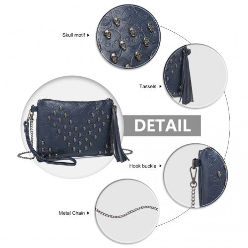 Miss Lulu Soft PU Ultra - Lightweight Clutch Bag with Skull Embossing Tassel Detail and Long Chain Shoulder Strap - Navy