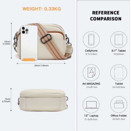Miss Lulu Elegant Genuine Leather Crossbody Shoulder Bag with Jacquard Woven Strap - Beige And Brown