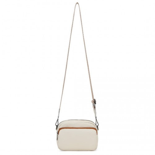Miss Lulu Elegant Genuine Leather Crossbody Shoulder Bag with Jacquard Woven Strap - Beige And Brown