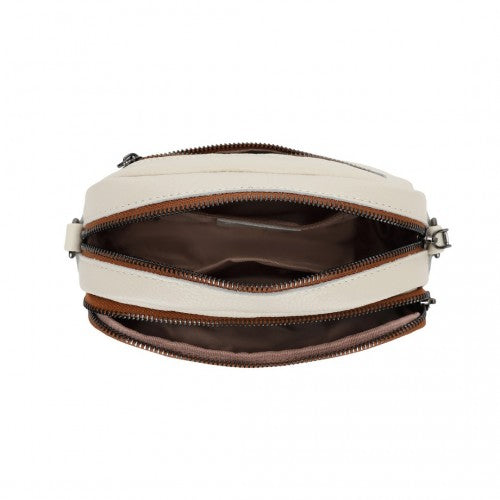 Miss Lulu Elegant Genuine Leather Crossbody Shoulder Bag with Jacquard Woven Strap - Beige And Brown