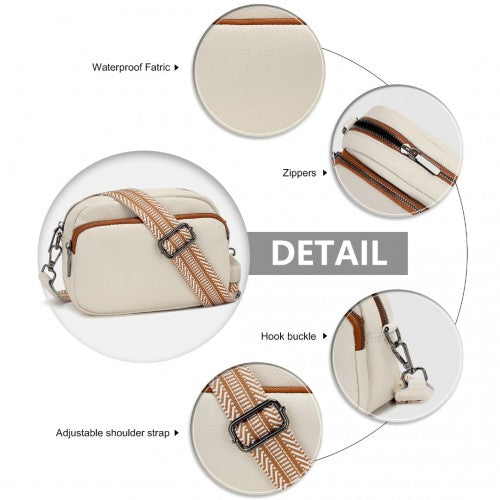 Miss Lulu Elegant Genuine Leather Crossbody Shoulder Bag with Jacquard Woven Strap - Beige And Brown