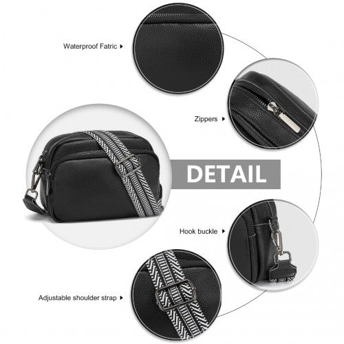 Miss Lulu Elegant Genuine Leather Crossbody Shoulder Bag with Jacquard Woven Strap - Black
