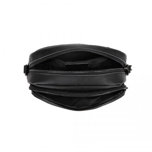 Miss Lulu Elegant Genuine Leather Crossbody Shoulder Bag with Jacquard Woven Strap - Black