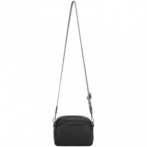 Miss Lulu Elegant Genuine Leather Crossbody Shoulder Bag with Jacquard Woven Strap - Black