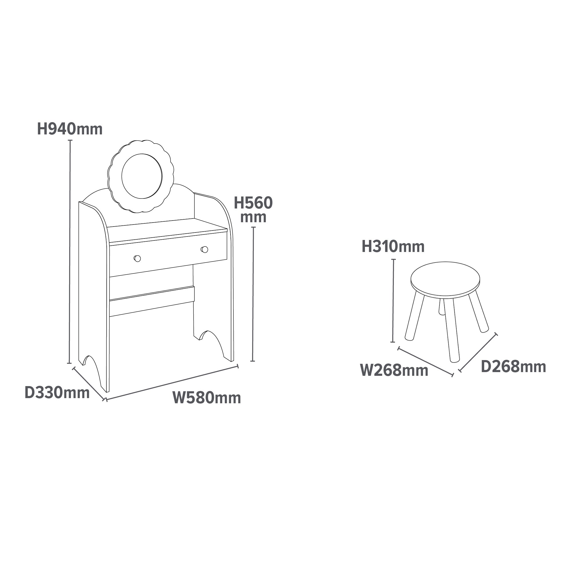 White Kids Dressing Table & Stool Set – Child-Safe Mirror, Drawer Storage Ages 3-7