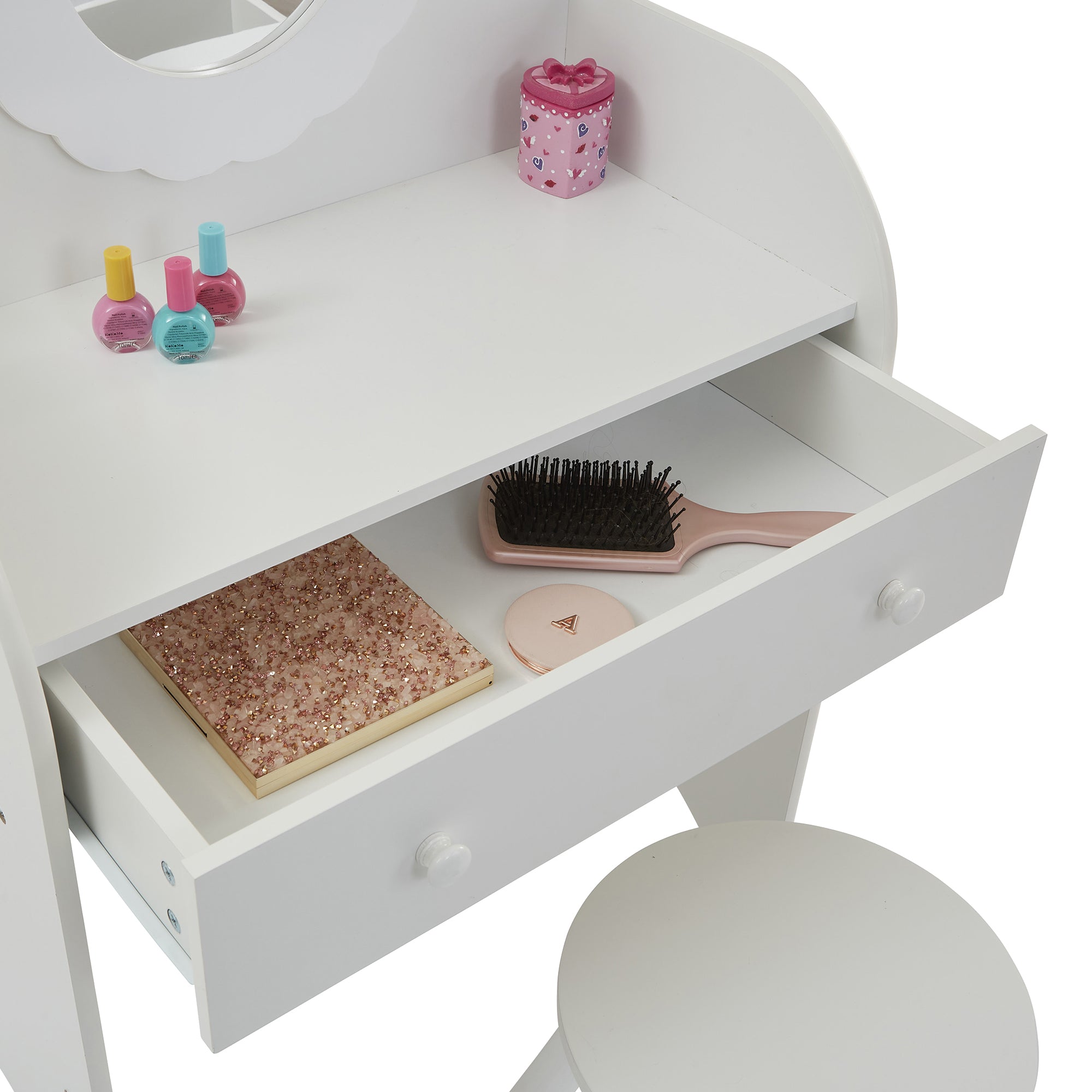 White Kids Dressing Table & Stool Set – Child-Safe Mirror, Drawer Storage Ages 3-7