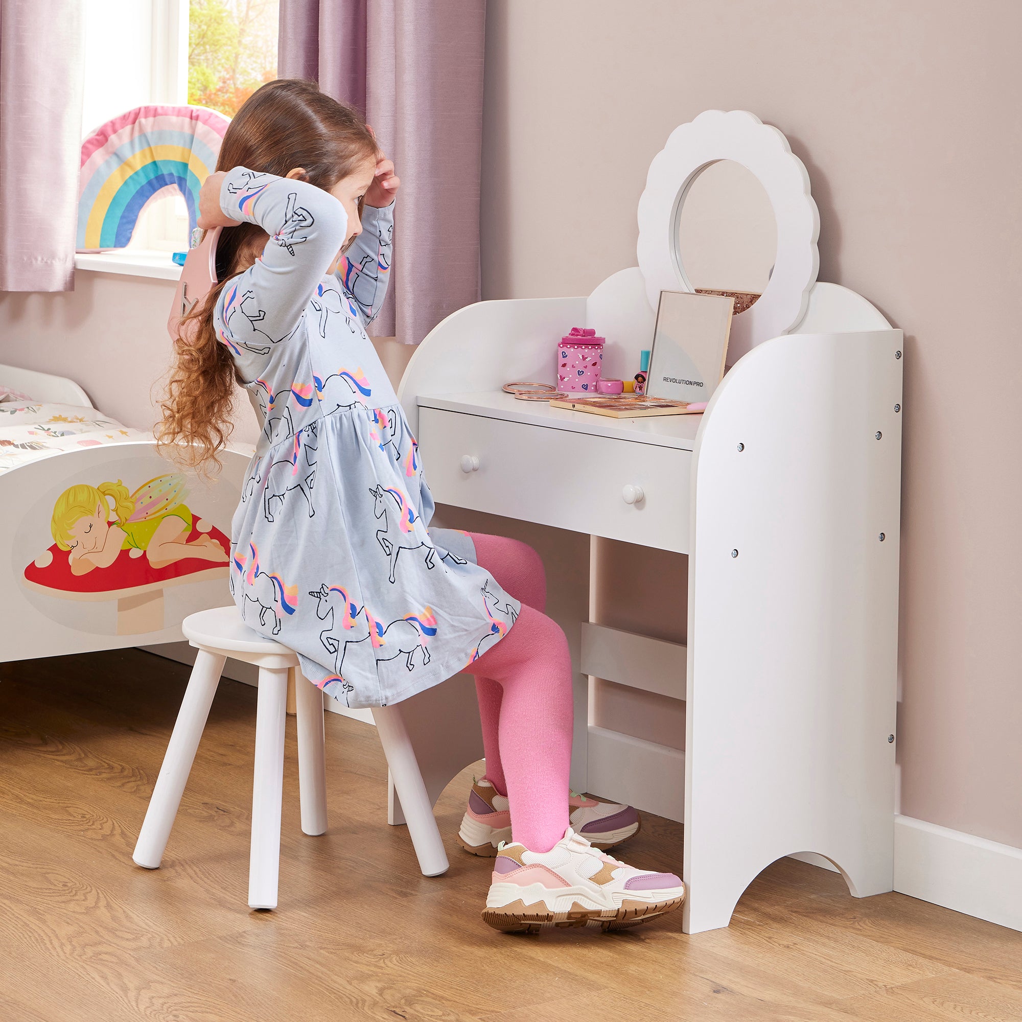White Kids Dressing Table & Stool Set – Child-Safe Mirror, Drawer Storage Ages 3-7