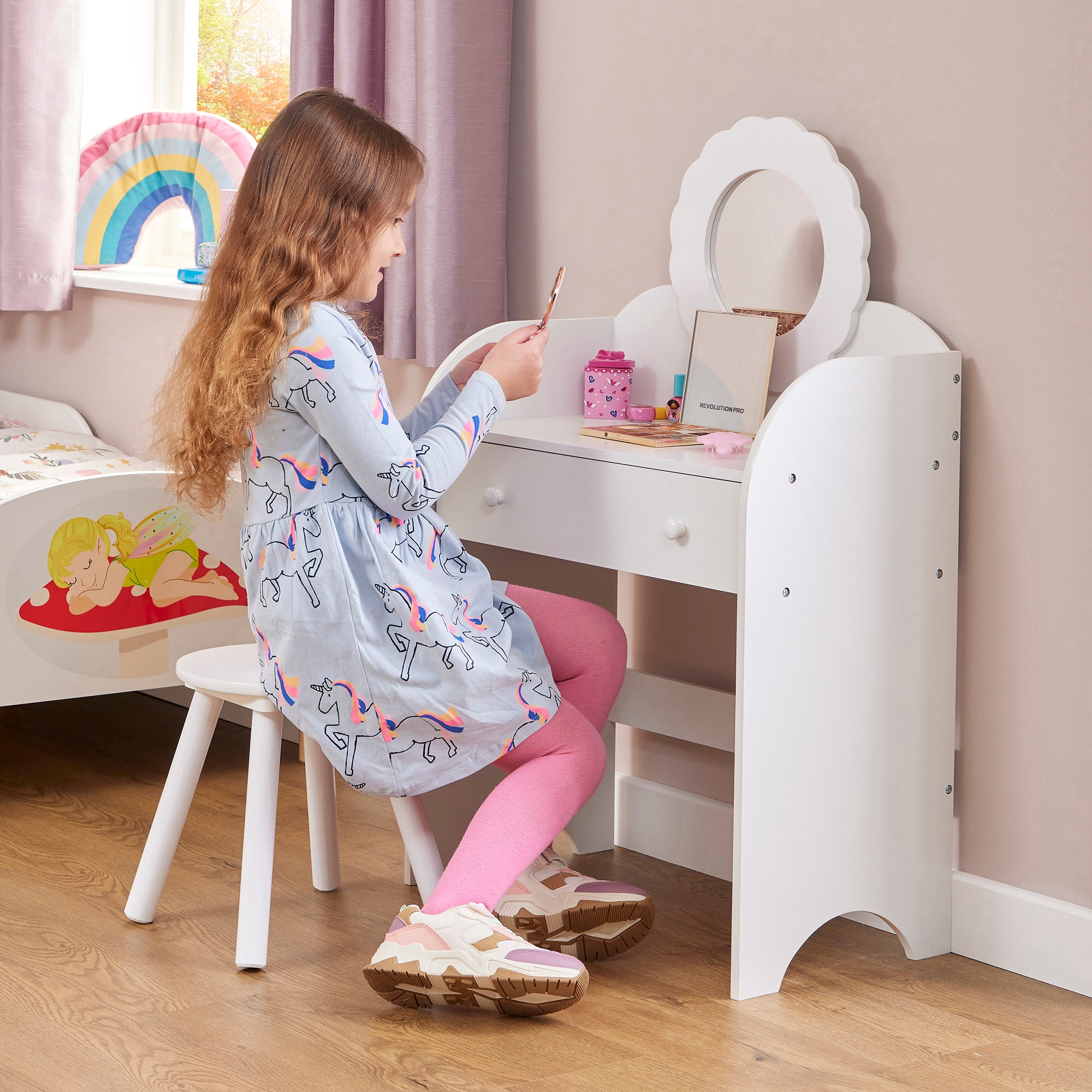 White Kids Dressing Table & Stool Set – Child-Safe Mirror, Drawer Storage Ages 3-7