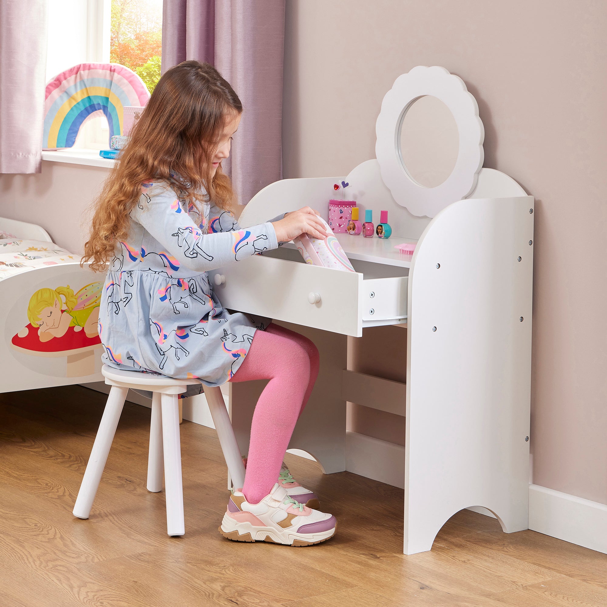 White Kids Dressing Table & Stool Set – Child-Safe Mirror, Drawer Storage Ages 3-7
