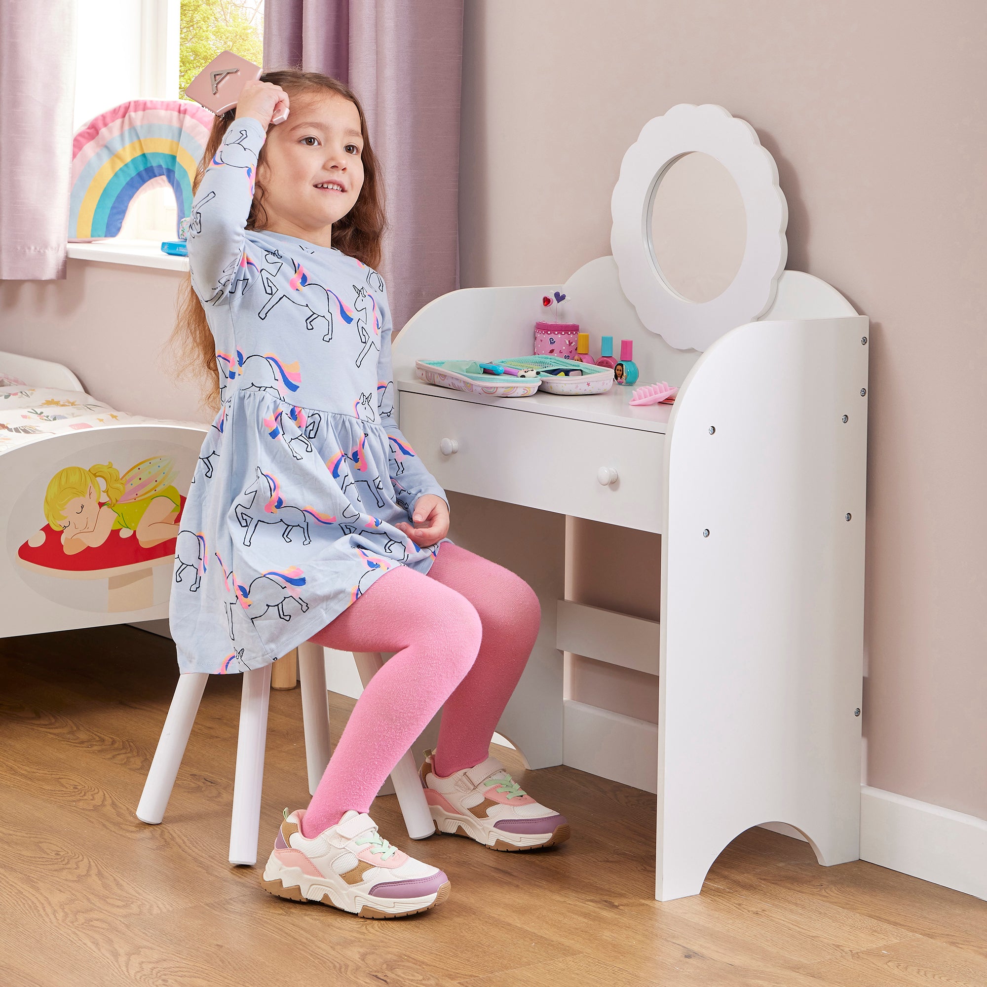 White Kids Dressing Table & Stool Set – Child-Safe Mirror, Drawer Storage Ages 3-7