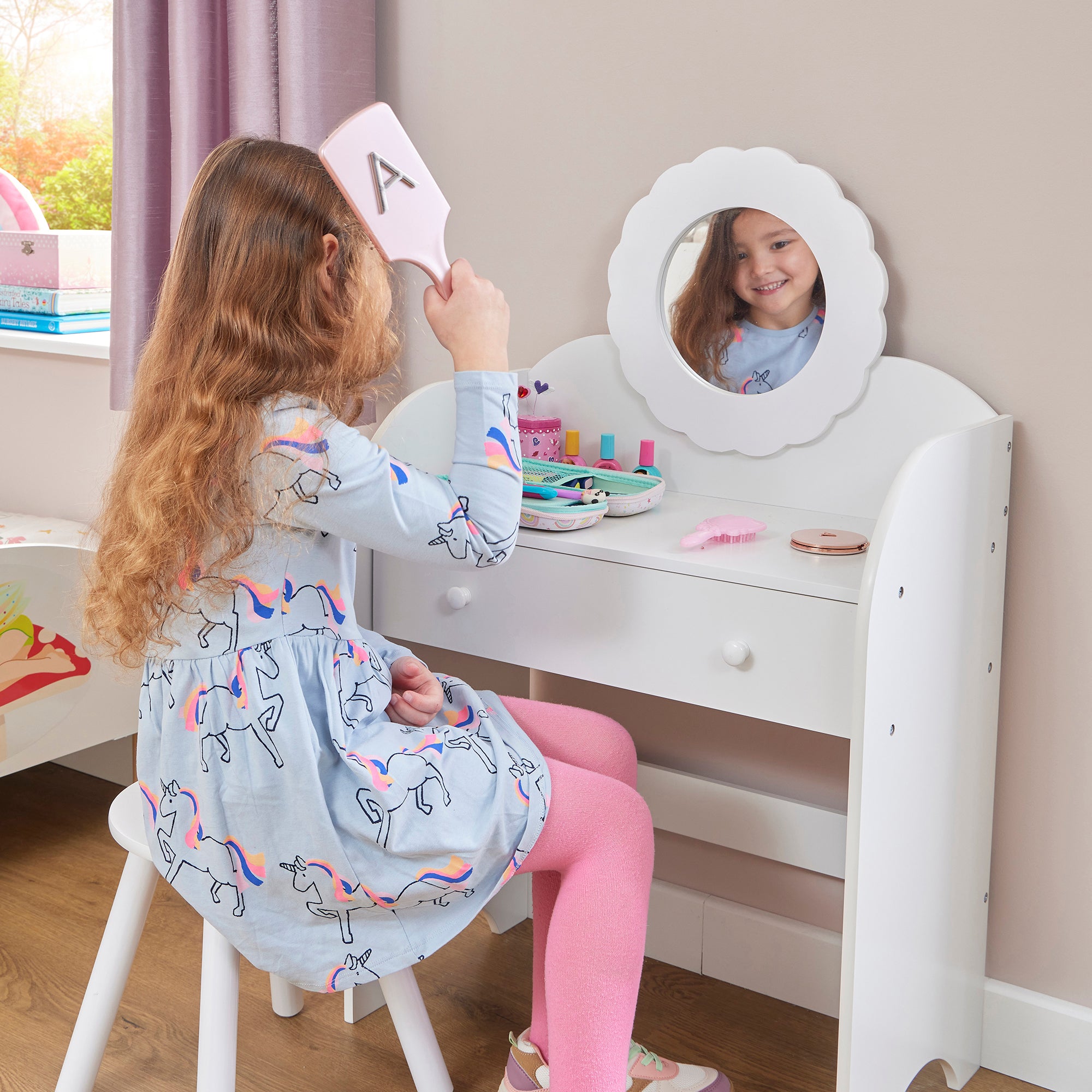 White Kids Dressing Table & Stool Set – Child-Safe Mirror, Drawer Storage Ages 3-7