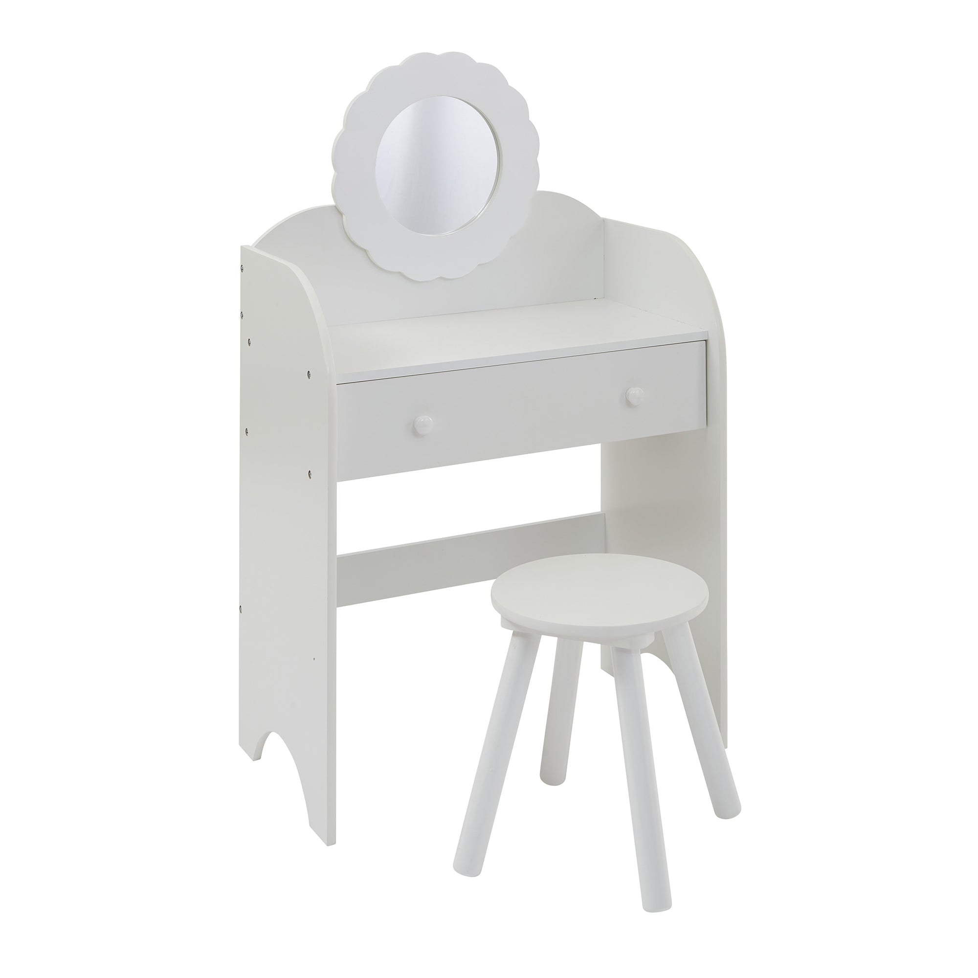 White Kids Dressing Table & Stool Set – Child-Safe Mirror, Drawer Storage Ages 3-7