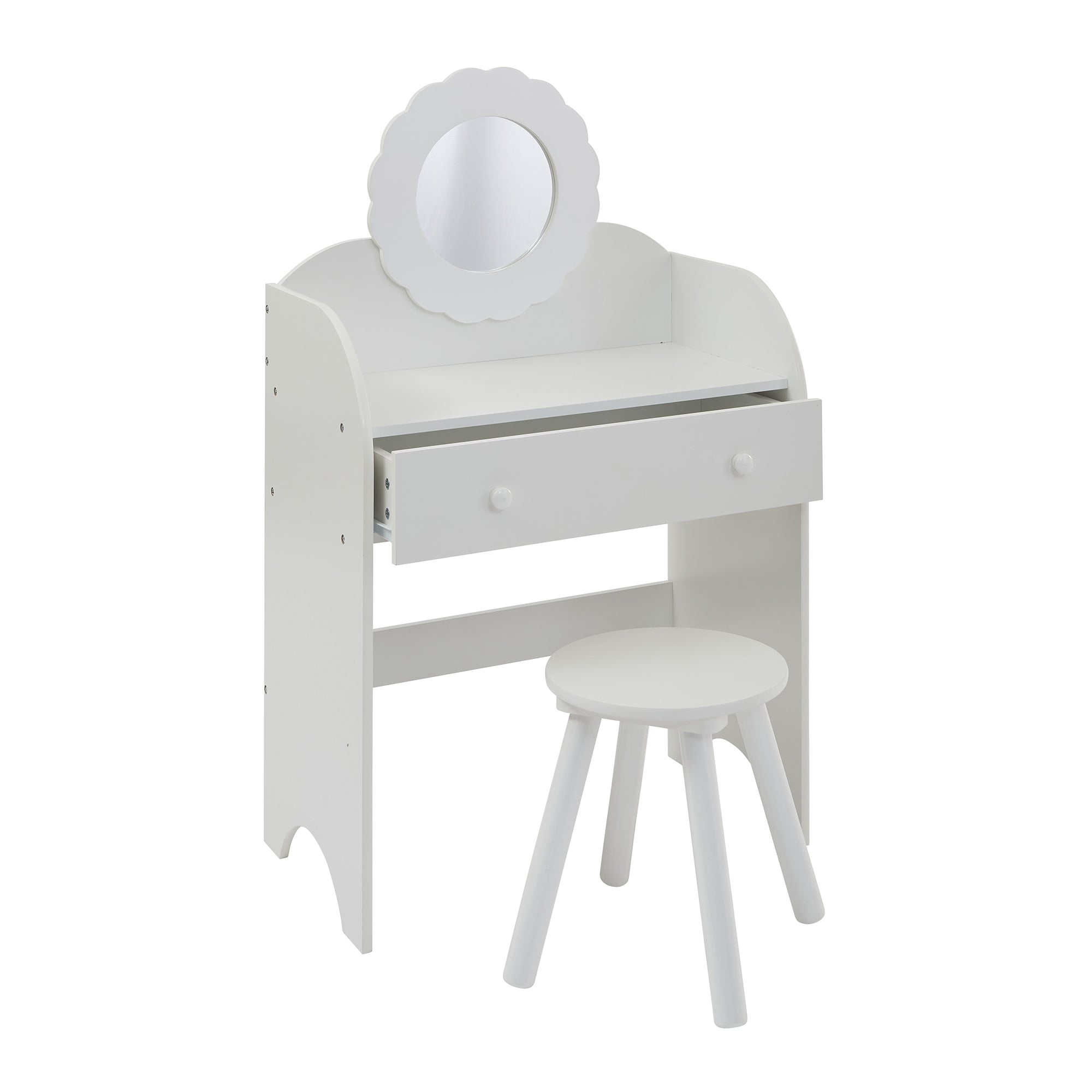 White Kids Dressing Table & Stool Set – Child-Safe Mirror, Drawer Storage Ages 3-7