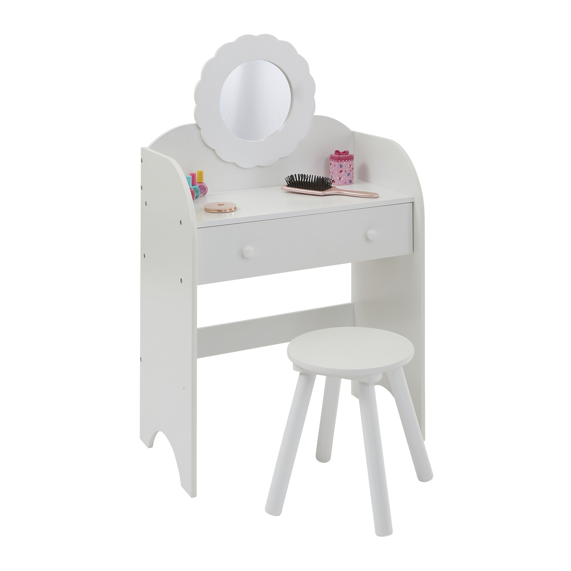 White Kids Dressing Table & Stool Set – Child-Safe Mirror, Drawer Storage Ages 3-7