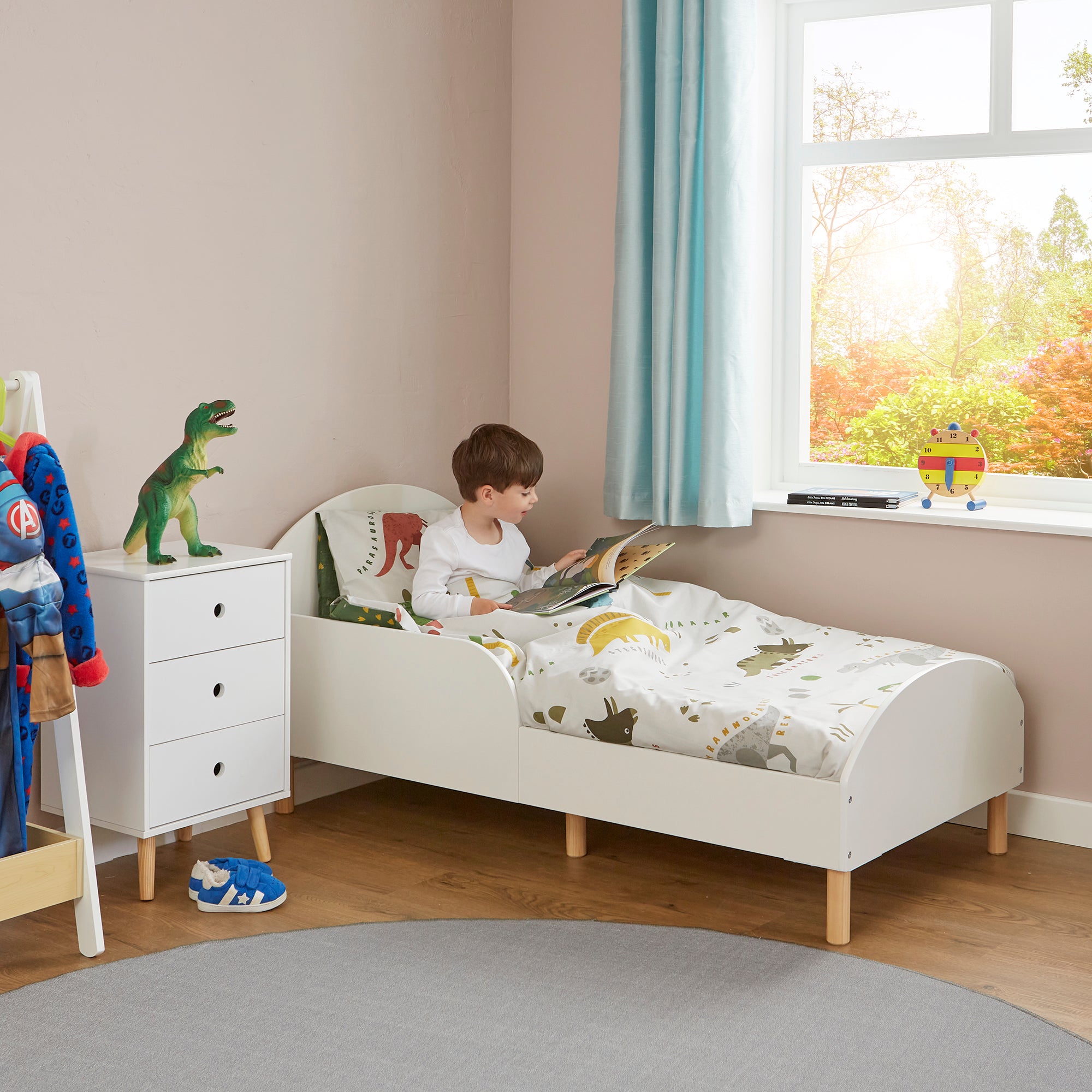 White Kids Toddler Bed – Low Ground Safe Transition Cot Bed Ages 18m-5y